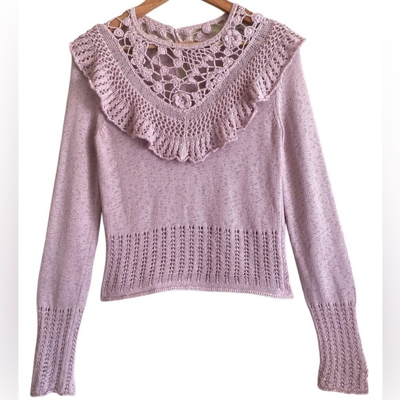 FREE PEOPLE Feminine Lightweight Crochet Ruffled Knit Pullover Sweater Sz XS/TP - Picture 5 of 10